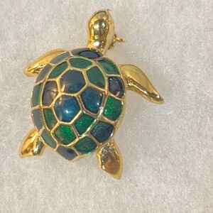 Gold Tone Turtle Brooch with Blue and Green Enamel